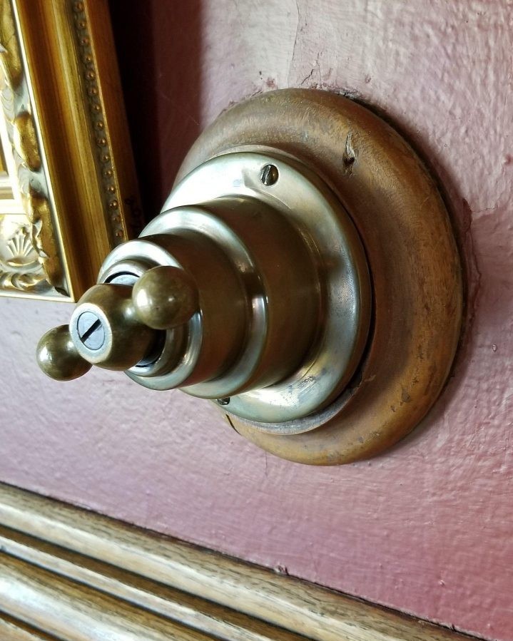 A close-up view of a brass lightswitch.