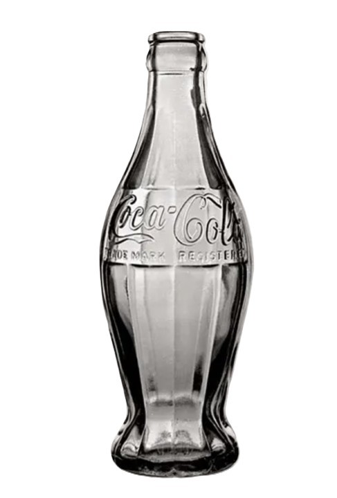 A clear glass bottle, raised lettering reads Coca-Cola.
