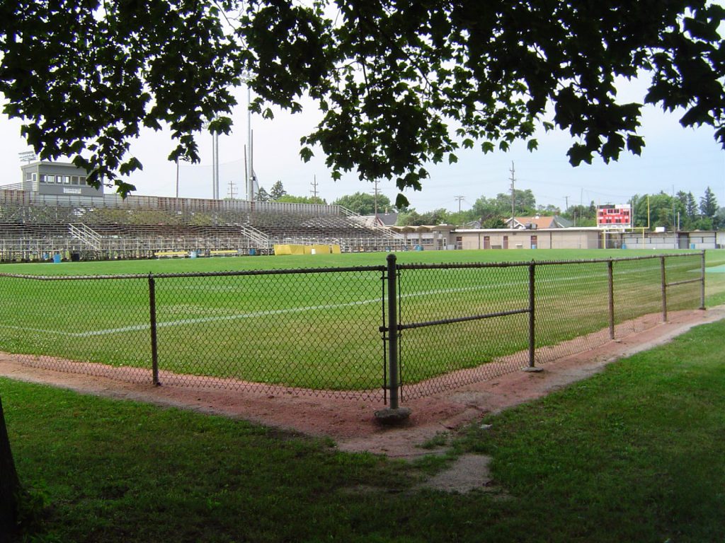 Photo of Horlick field, set up for a football game.