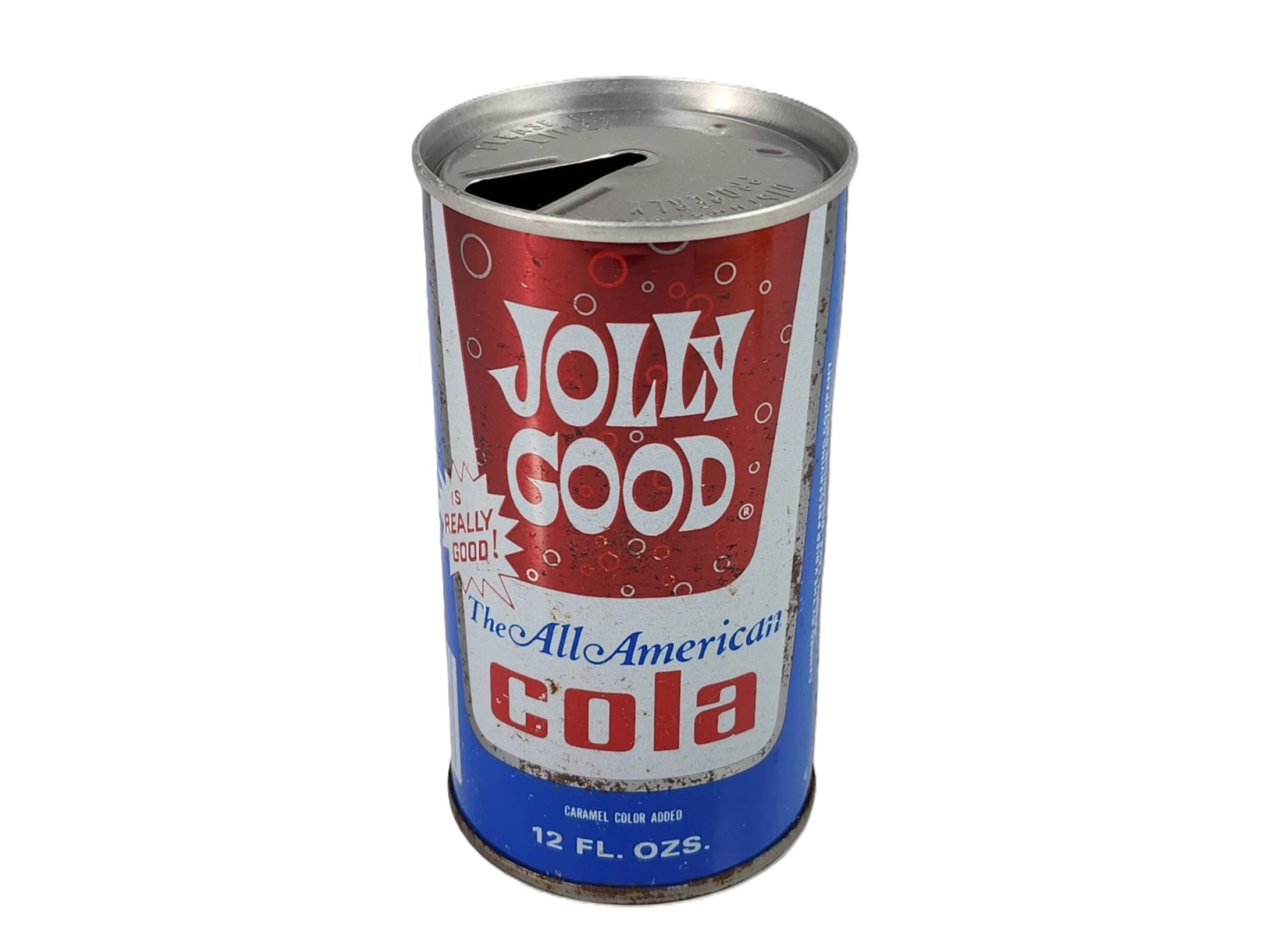 A red, white, and blue steel pull-tab soda can. The label reads, "Jolly Good The All-American Cola."