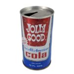 A red, white, and blue steel pull-tab soda can. The label reads, "Jolly Good The All-American Cola."