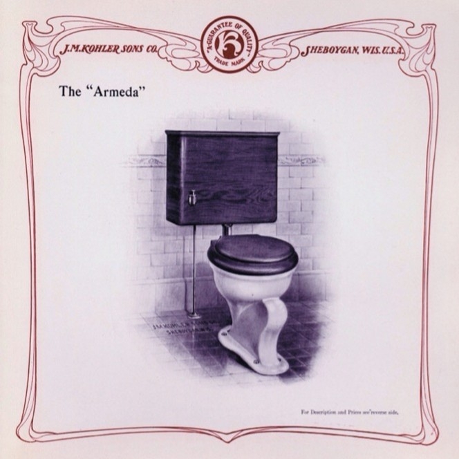 An illustration of a toilet labeled "The Armeda, J.M. Kohler Sons Co., Sheboygan, Wis. U.S.A."