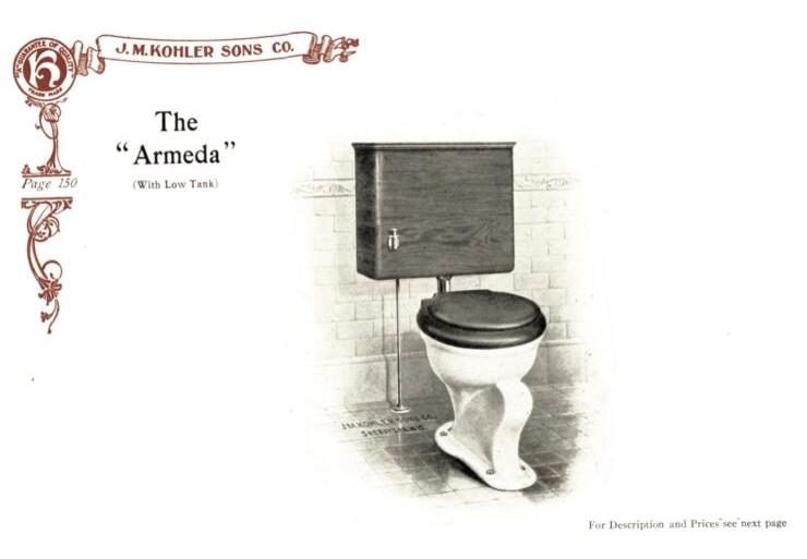 An illustration of a toilet labeled "The Armeda, J.M. Kohler Sons Co., Sheboygan, Wis. U.S.A."