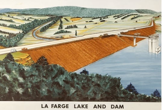 An illustration of the proposed dam project showing the long retaining wall and dam tower with a lake behind the dam wall