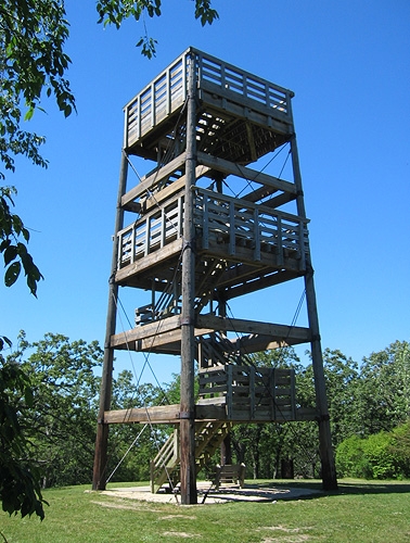 A wooden observation tower standing in a clearing.