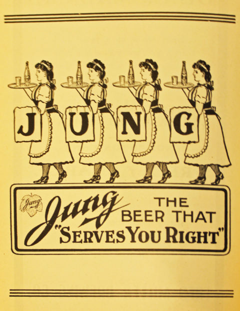 An illustrated advertisement for Jung Beer with four identical maids, each carrying a tray with a bottle and a glass, and each holding a towel with a letter, together spelling out 'Jung.' Below is the tagline, "Jung: The Beer that Serves You Right."