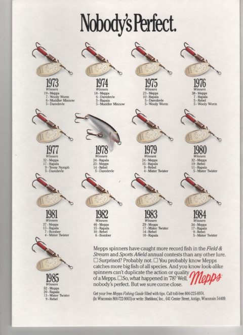 An advertisement from a magazine for Mepps lures showing how they had changed over the decades.