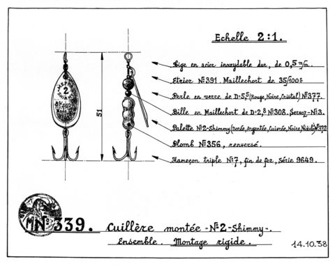 A technical drawing of the Mepps fishing lure identifying its component parts.