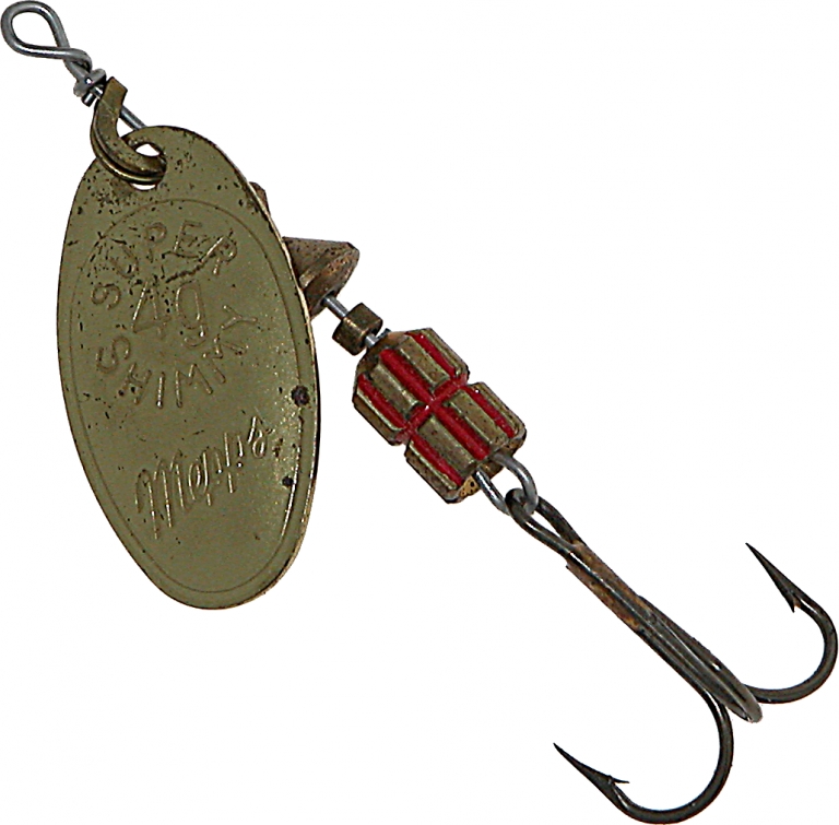A Mepps fishing lure, with brass spinner and hook.