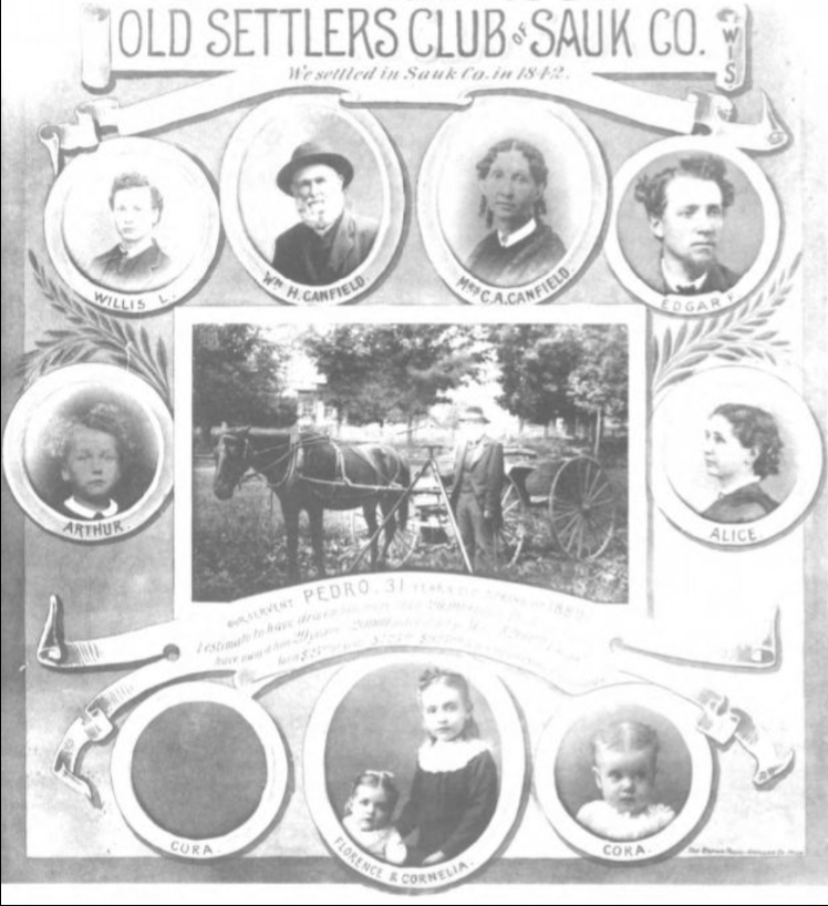 A poster titled "Old Settlers Club of Sauk County featuring round photograph portraits of the Canfield family members.