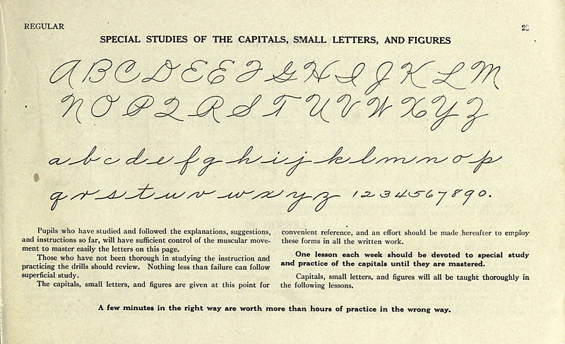 A worksheet of the Palmer cursive writing method, with instructions for teachers.