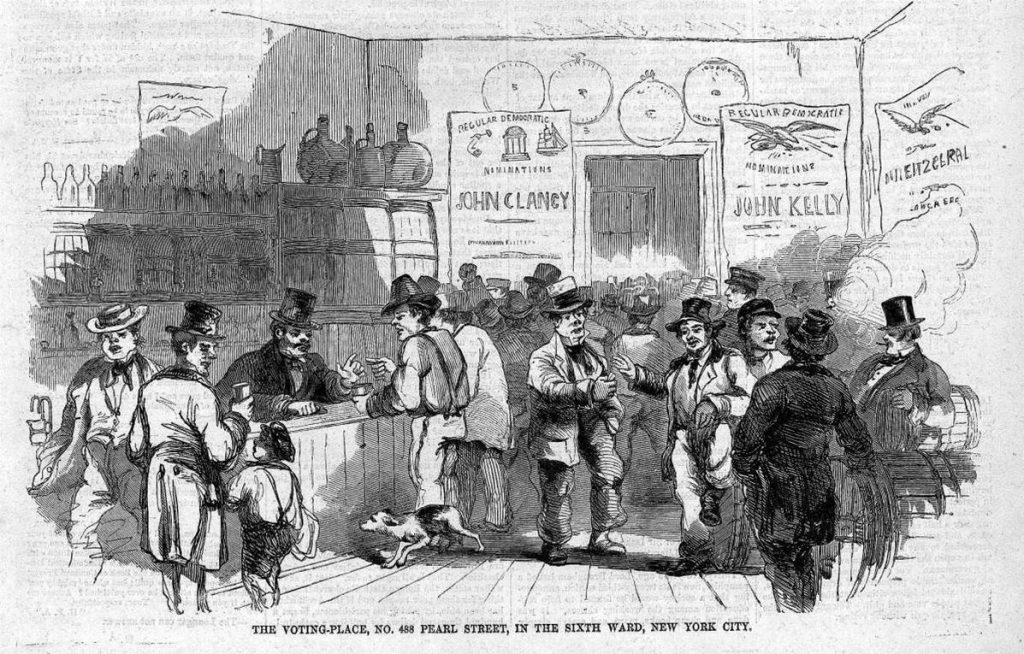 Engraving of men voting at a public house in New York City.