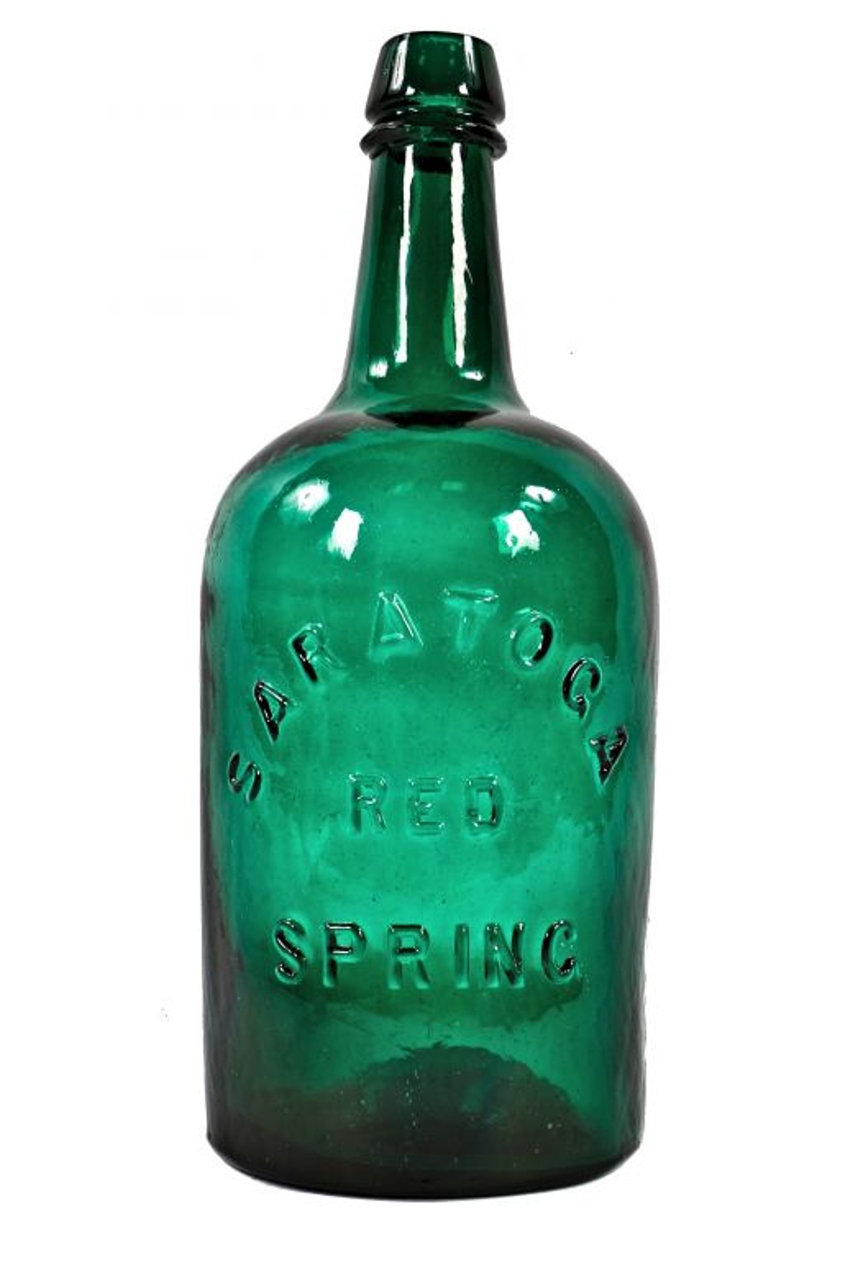 A dark green glass bottle, raised lettering reads “Saratoga Red Spring”