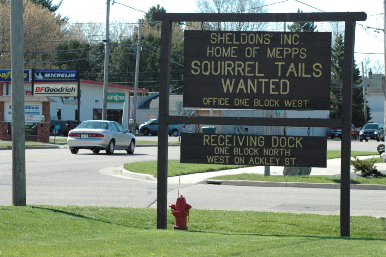 A photo of a roadside sign that reads, "Sheldons' Inc., Home of Mepps, Squirrel Tails Wanted"