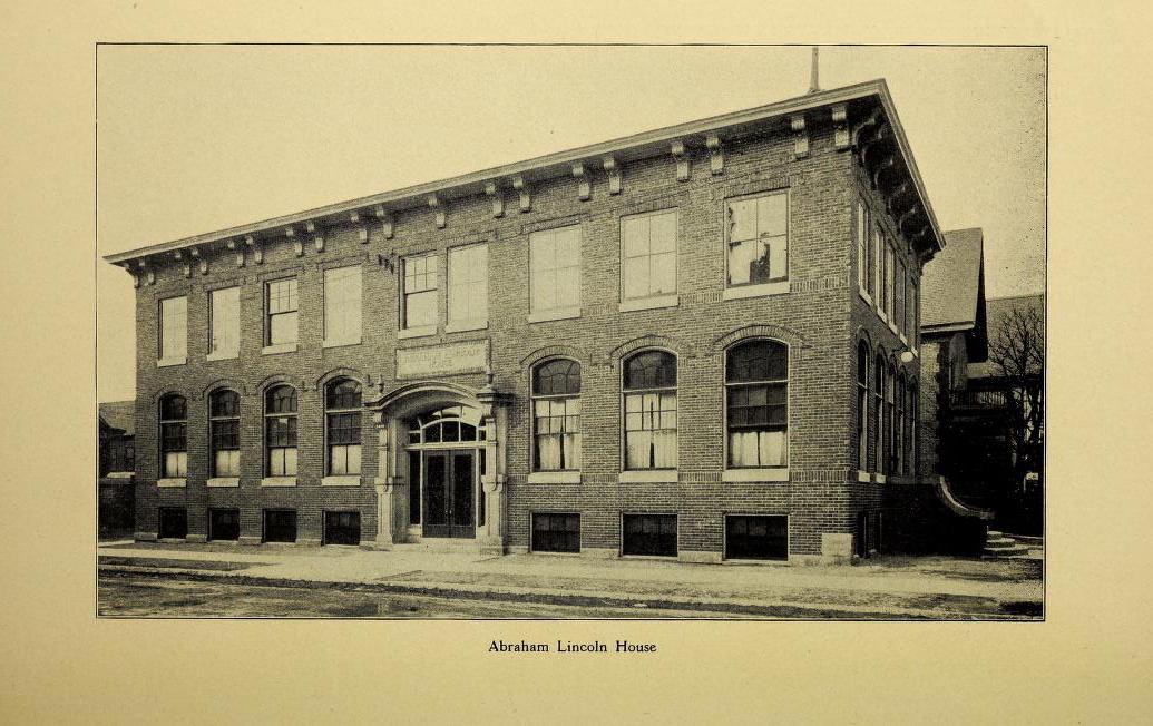 A two-story brick institutional building labeled the Abraham Lincoln House.