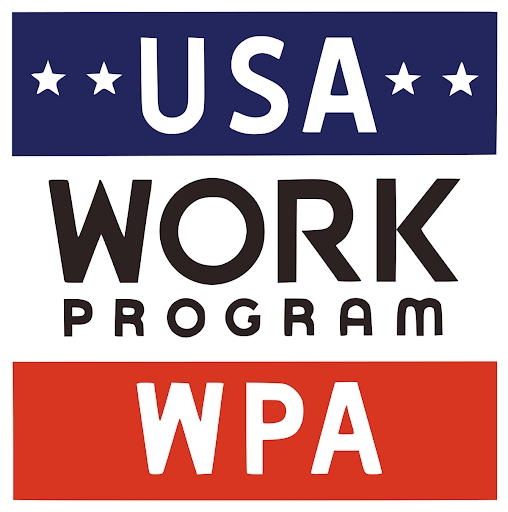 A image of a sign. It is striped blue, white, and red, and reads USA Work Program WPA