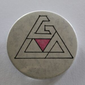 A white button with stylized letters G L O around a inverted pink triangle.