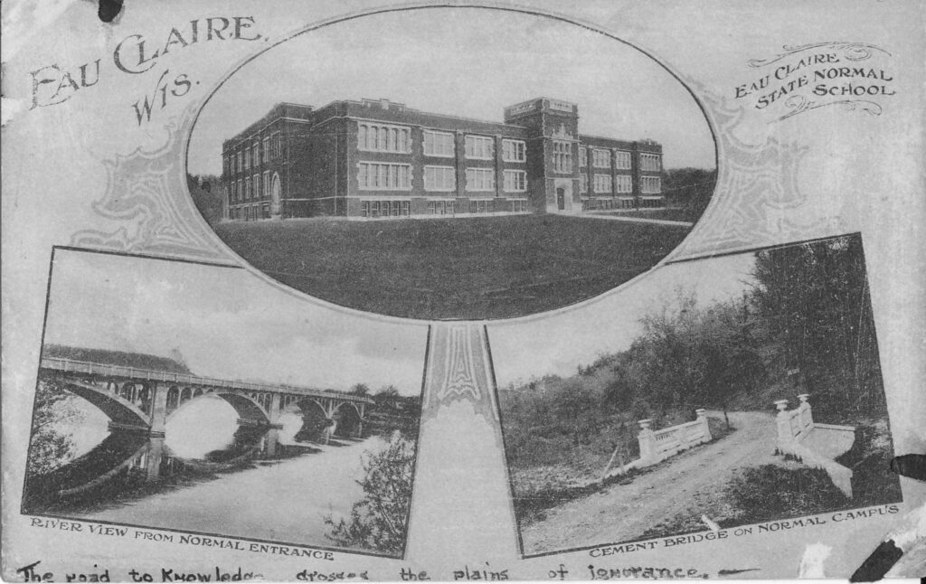 A black-and-white postcard featuring three views of the Eau Claire Normal School campus.