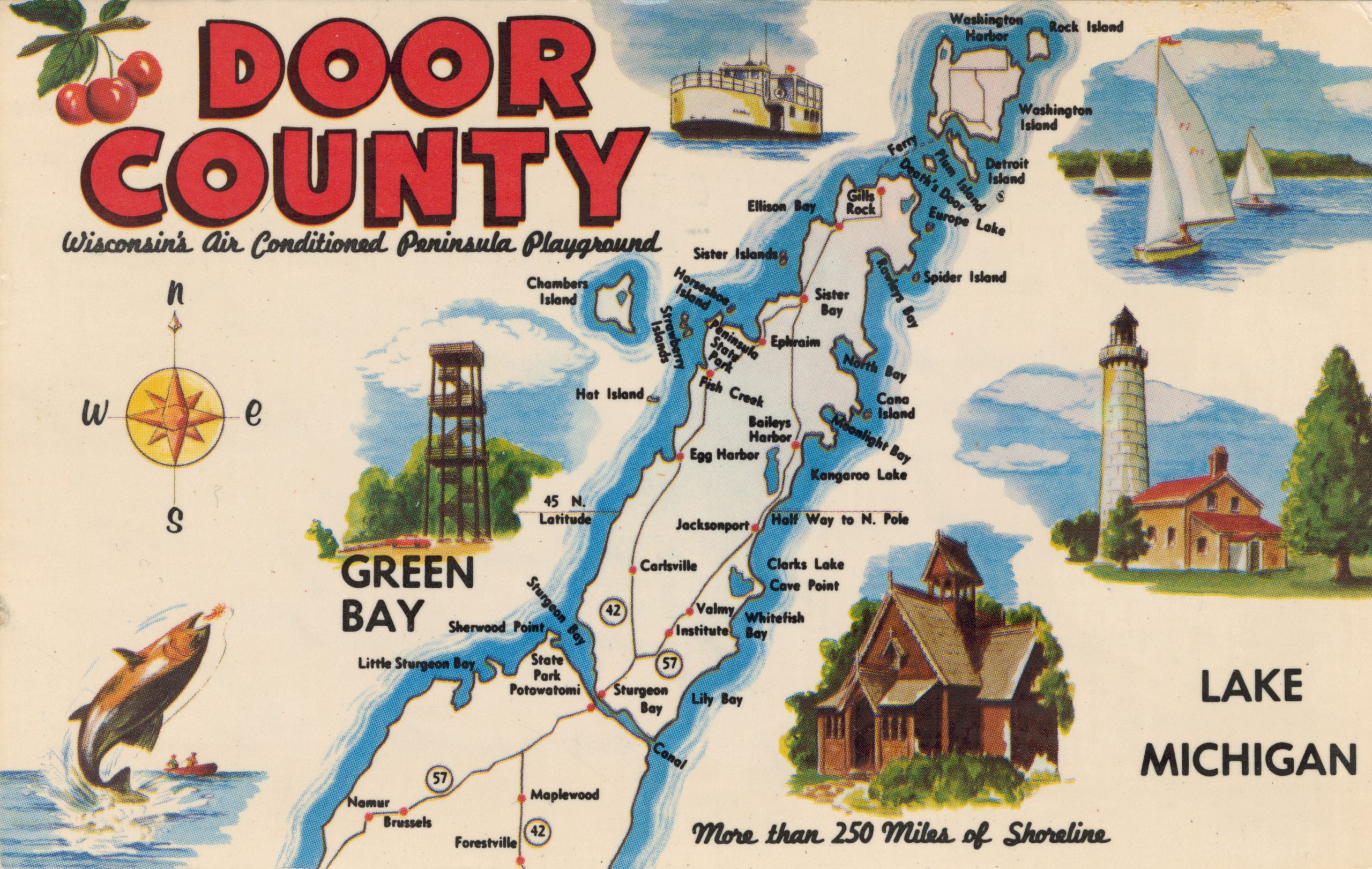 A colorful postcard showing a map of Door County and promoting tourist activities in the region, titled: "Door County — Wisconsin's Air Conditioned Peninsula Playground."