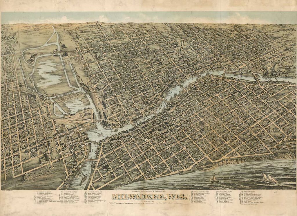 Bird’s-eye view map of the city of Milwaukee in 1872.