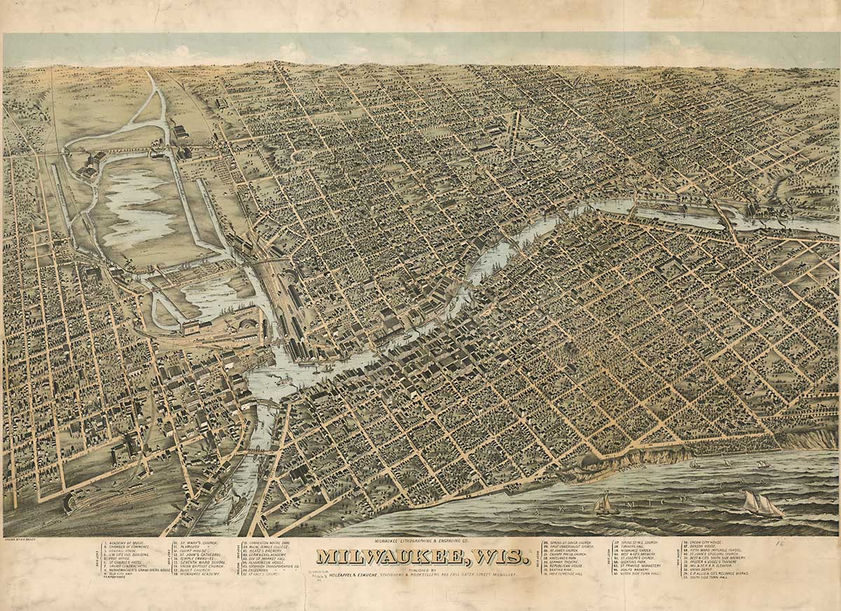 Bird’s-eye view map of the city of Milwaukee in 1872.
