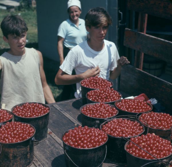 Two boys standing behind a wagon or truck bed loaded with buckets full of cherries. A woman wearing a hat is standing by a building in the background.