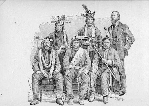 An illustration of a delegation of five Native American men and a white man in beard and suit.