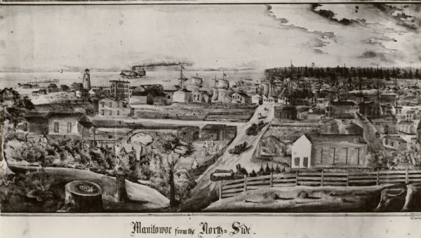 A black-and-white reproduction of a painting of a town on a large body of water. A lighthouse and ship masts are visible in the background, and a steam ship travels by near the horizon.