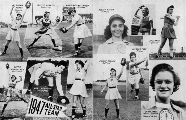 Photo collage of the star players of the All-American Girls Professional Baseball League All-Stars Team. The image has pictures of the ladies in various positions on the field.