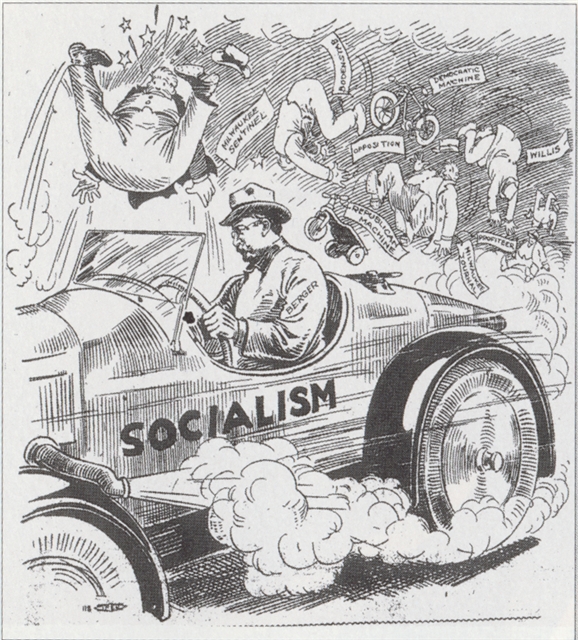 Political Cartoon showing Victor Berger running over opponents in a car labeled Socialism