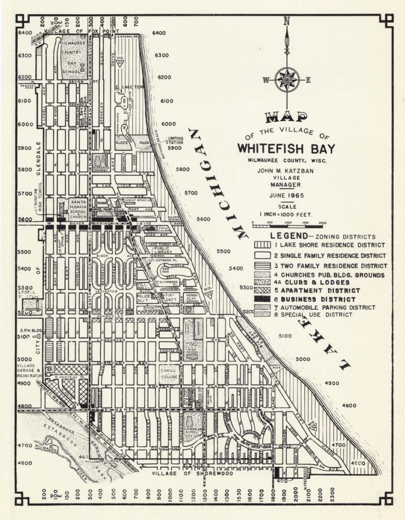 Black and white map of the village of Whitefish Bay showing zoning districts.