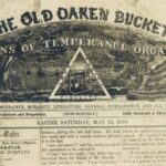 The masthead of the Old Oaken Bucket and Sons of Temperance Organ. It features an illustration of a river scene, and at the center is a triangle with the words Love, Purity, and Fidelity around the drawing of a well.