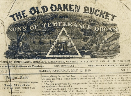 The masthead of the Old Oaken Bucket and Sons of Temperance Organ. It features an illustration of a river scene, and at the center is a triangle with the words Love, Purity, and Fidelity around the drawing of a well.