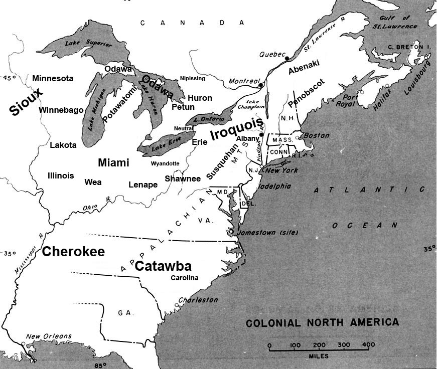 Map of Colonial North America labelled with the general locations of Native American tribes in 1648.