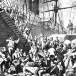 Am illustration of a crowd of people jostling to board a large steamship.