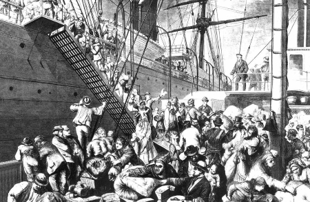 Am illustration of a crowd of people jostling to board a large steamship.
