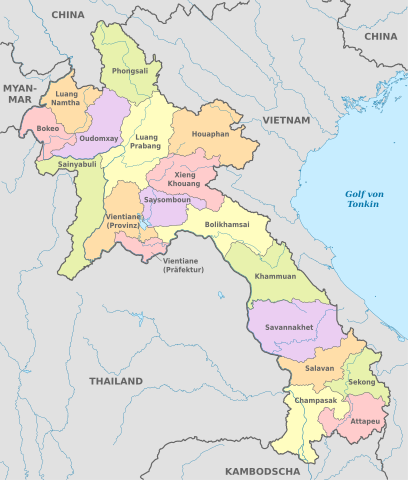 Map of Laos showing administrative districts in various colors.