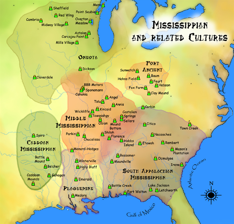 Map, labeled “Mississippian and Related Cultures” showing locations of village sites in the eastern United States.
