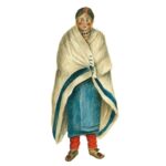 A water color painting depicting a Native American woman wearing a white trade blanket with a wide blue stripe along its edge.