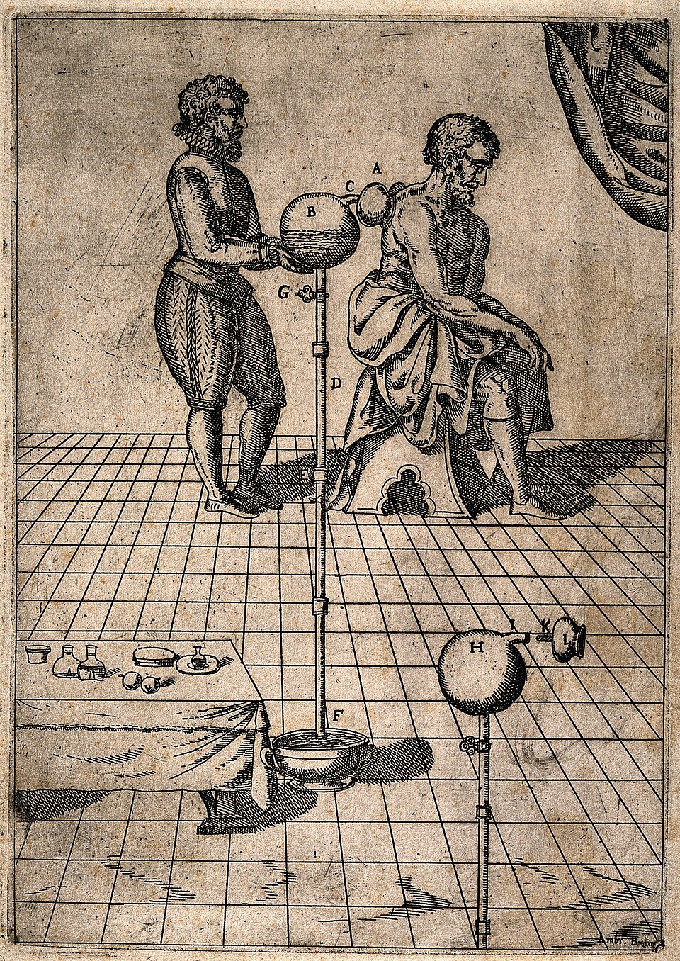 An etching of a doctor and a patient illustrating cupping and bloodletting.