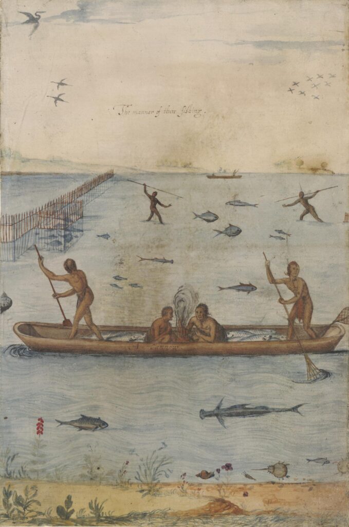 Watercolor painting depicting a river scene with four Algonquin figures in a boat, two others spearfishing, a fishing weir, and fish of various shapes and sizes.