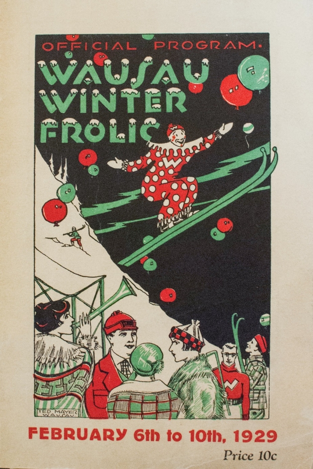 Cover of a 1929 program for the Wausau Winter Frolic featuring an image of a clown launching from a ski jump.