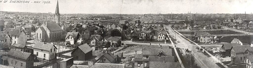 Panoramic view of Sheboygan. Caption reads, "The view of Sheboygan, May 1908."