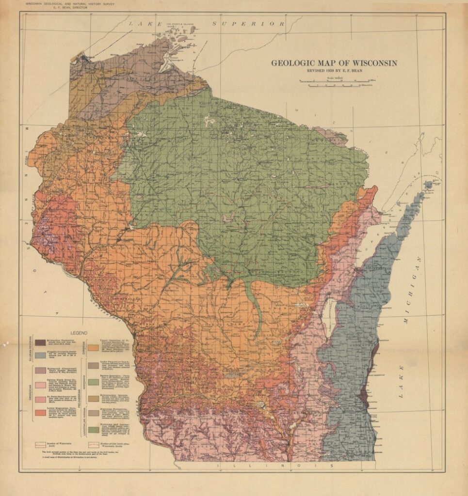 A map of Wisconsin showing geologic formations. Lead is identified in pink, and is heavily concentrated along the southern border of the state, with lesser deposits up the Mississippi River Valley, and in a north-south line from Green Bay to the southern border of the state.