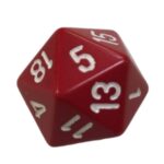A twenty-sided dice in red and white, featuring numbers on each face.