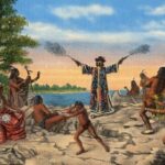A printed image after a painting of a man (Jean Nicolet) wearing a robe walks ashore firing two pistols into the air. Around him, Native American figures recoil.