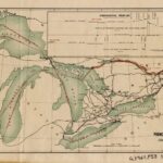 Color map of the Great Lakes showing the principle railway and water shipping routes in red.