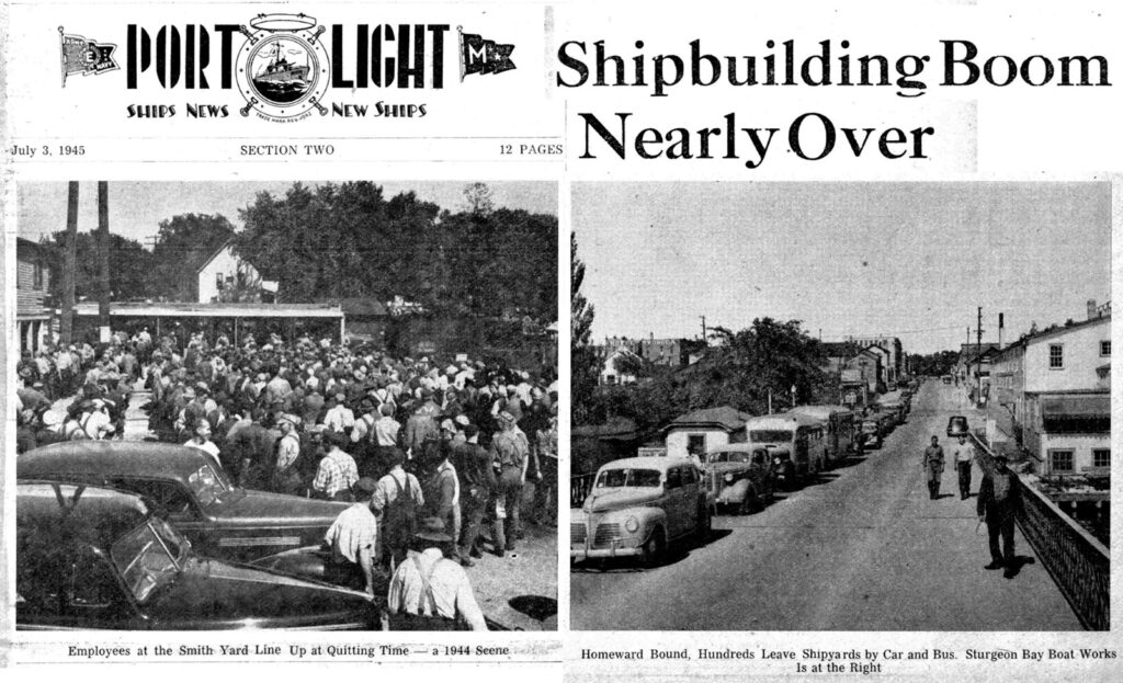 Images cut out from The Porchlight newsletter with headline “Shipbuilding Boom Nearly Over” two images show a crowd of workers leaving the shipyard at the end of the day.