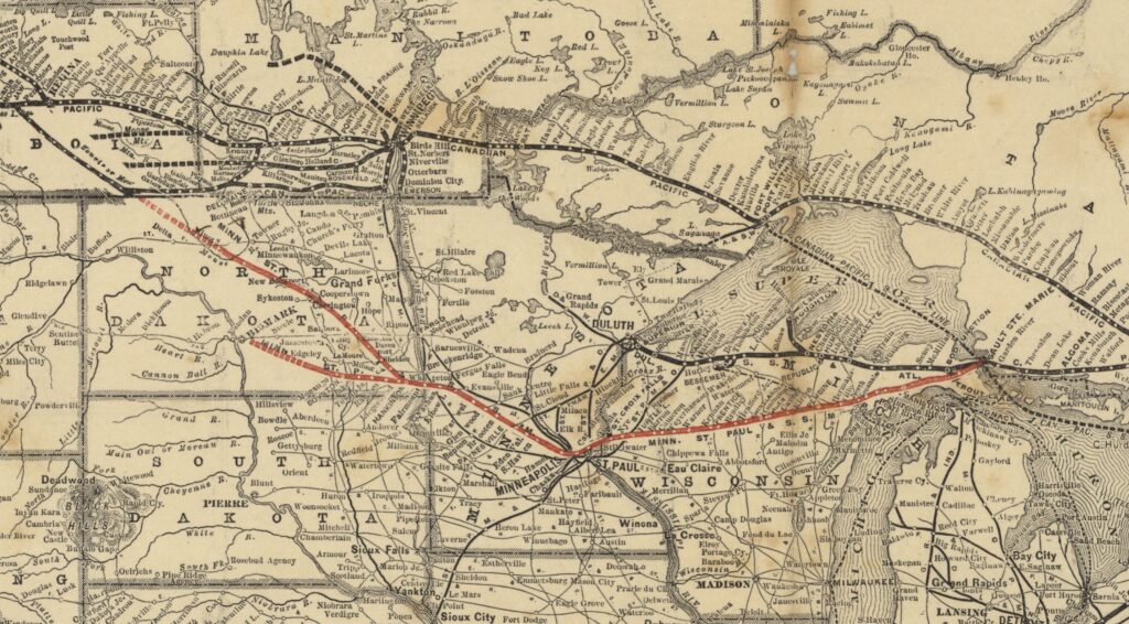 An illustrated map showing the routes of the various railroads, to demonstrate that these lines converge at Sault Ste. Marie, and then further east at Toronto and eventually Halifax on the Atlantic Ocean.