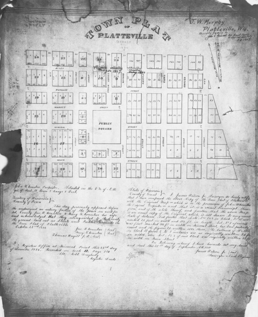 Hand-drawn plat map of Platteville.